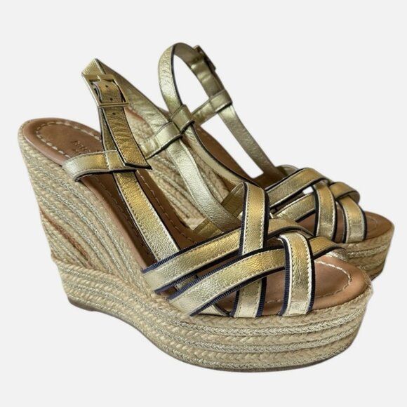 Kate Spade New York Gold and Navy Blue Espadrilles Wedges Shoes Women's size 6 - Picture 1 of 11